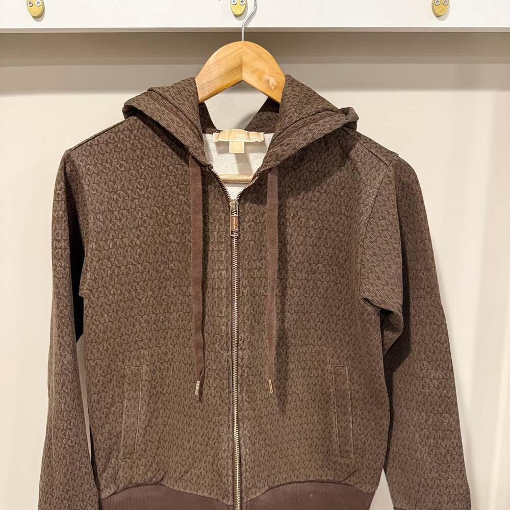 Michael Kors Monogram Print Zip-Up Hoodie in Brown
